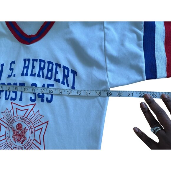 70s White Baseball Short Sleeve Ringer Tee Veterans Of Foreign Wars Athletic M - Picture 5 of 8